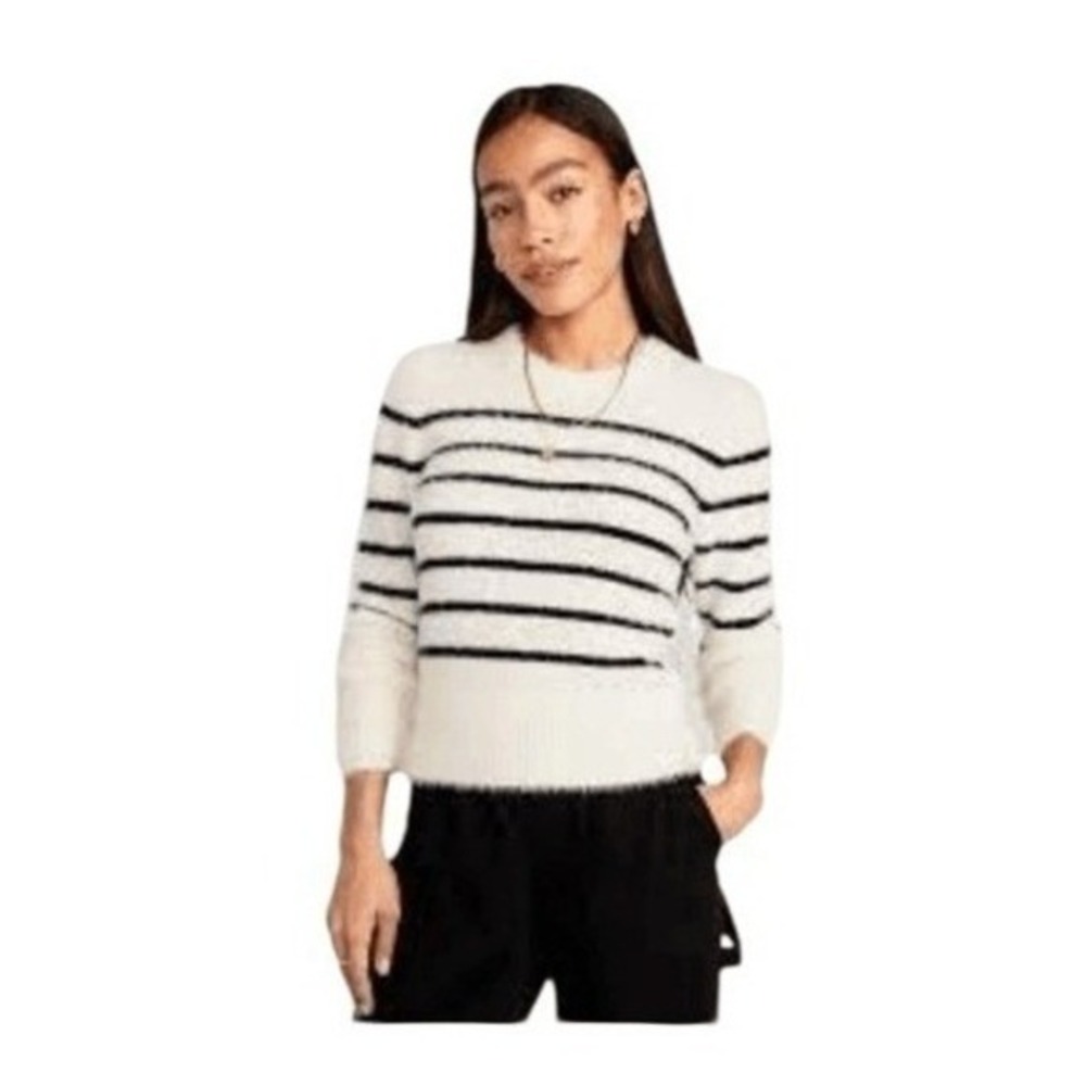 Old Navy Breton Stripe Eyelash Party Sweater White Black Fuzzy Knit Crewneck XXL